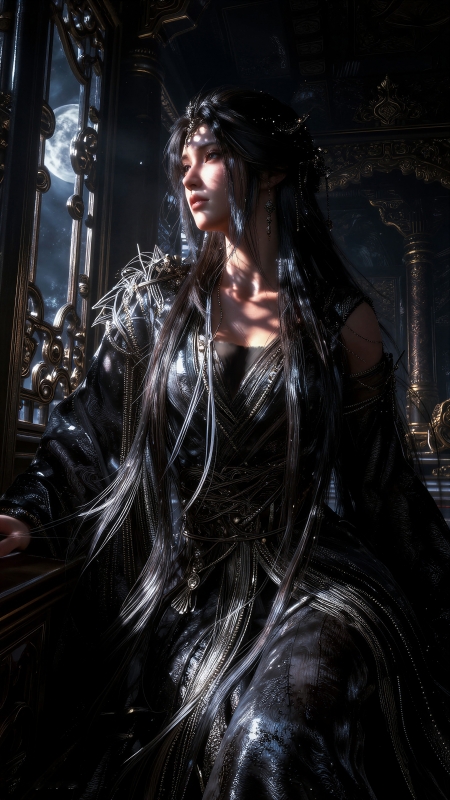 黑发黑裙少女 夜晚月亮 窗 4K高清动漫壁纸